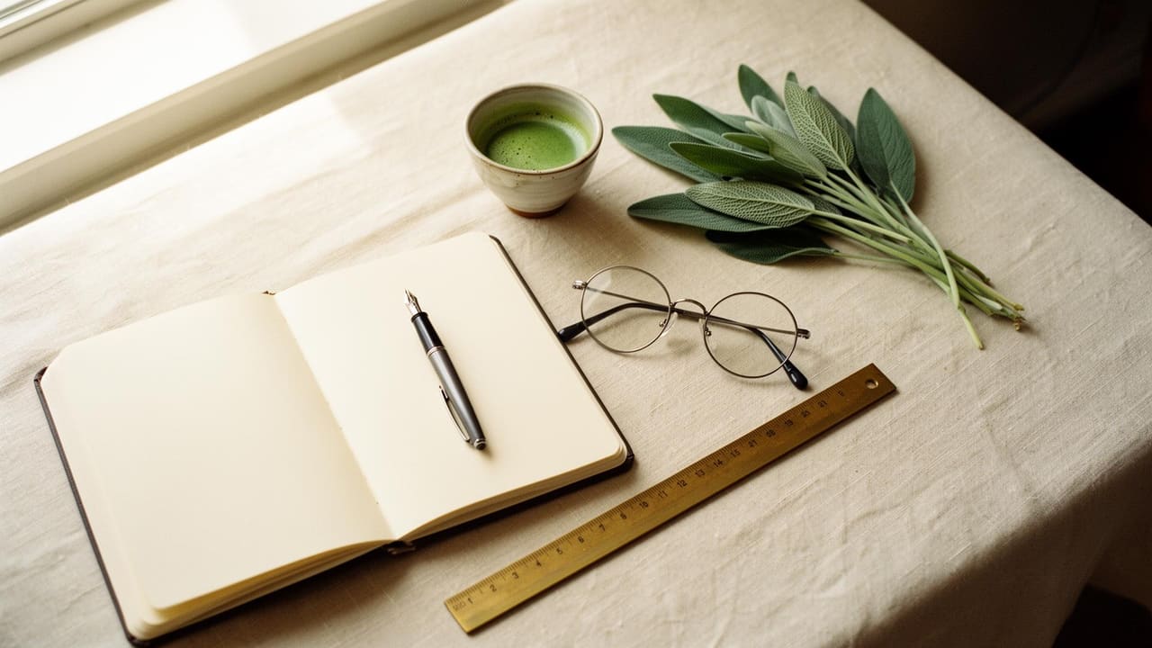 Notebook, fountain pen, matcha, sage leaves and a brass ruler on warm linen — the studio's working still life